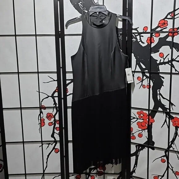 Liv Foster Mock Neck Sleeveless Midi Asymmetrical Fringe Crepe Dress Size 8 New - Picture 2 of 16